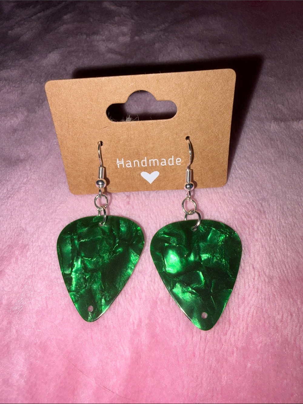 Emerald Green Guitar Pick Dangle Earrings NWT Handmade
